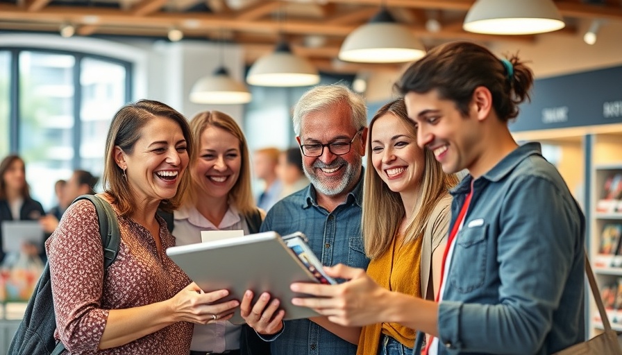 Three people engaging with tablet in modern European retail setting