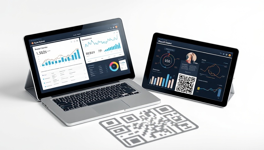 Business insights platform on tablet and smartphone with QR code.