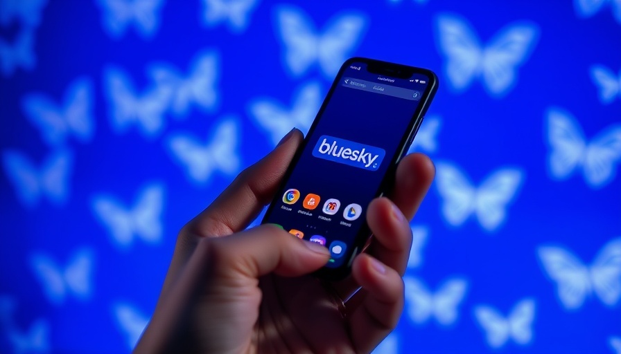 Bluesky app on smartphone against blue butterfly background, AI data labeling.