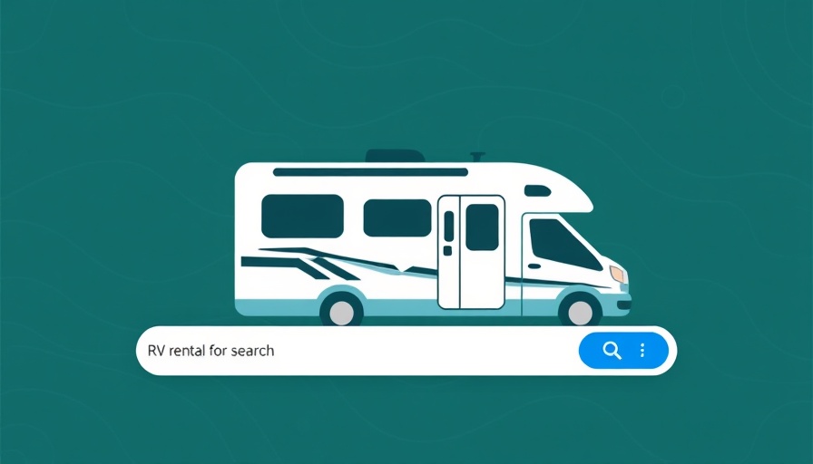 RV rental comparison graphic with search bar and RV silhouette.