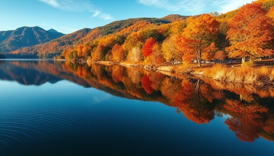 Serene lake view in Nebraska forest with autumn foliage, RV living Nebraska