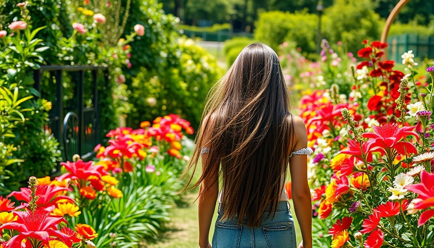 Young woman walking in a Connecticut shoreline town garden path.