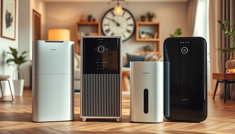 Modern air purifiers displayed in home settings with warm lighting.