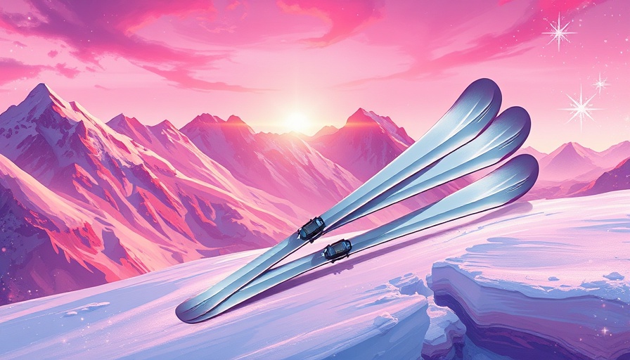Artistic illustration of aluminum skis with vibrant abstract mountains.