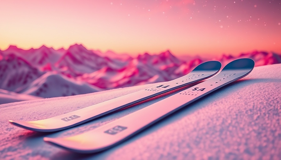 Futuristic aluminum skis on abstract pink and purple landscape.