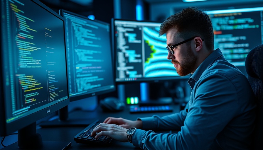 Gen AI coding workspace with programmer and screens.