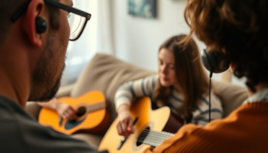 Man with wireless earphones and woman playing guitar, highlighting accessible technology.