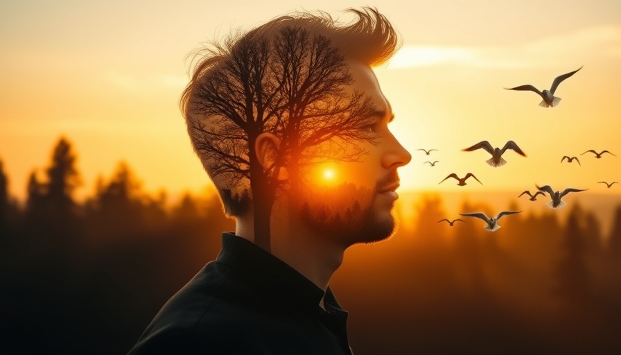 Digital storytelling in a double exposure of a man and forest.