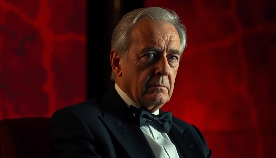 Media leadership theme with serious man in tuxedo and red light.