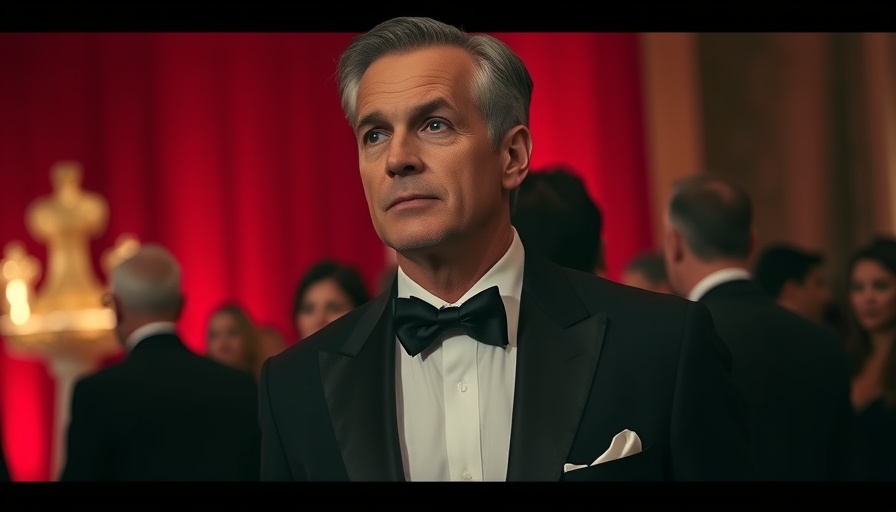 Mature man in tuxedo at formal event, media strategies.