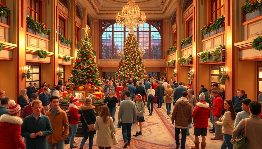 Airbnb holiday campaign in festive hotel lobby scene