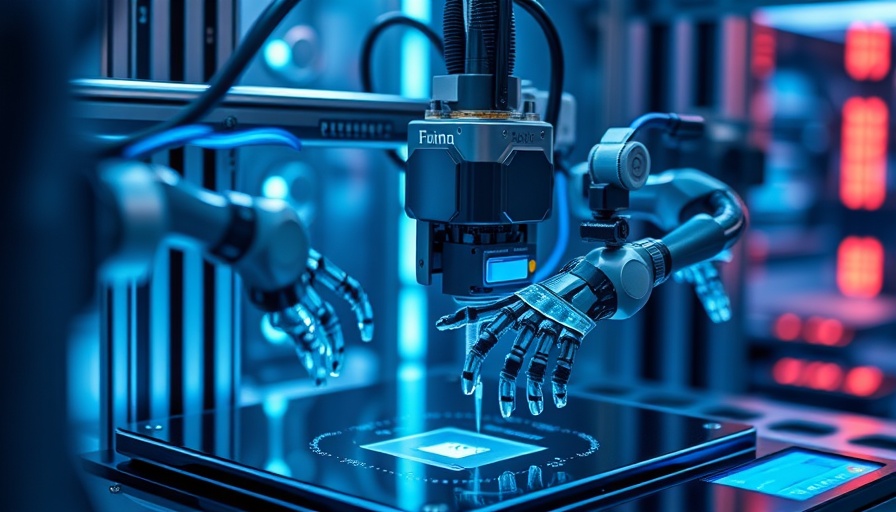 Futuristic AI nanoprinting machinery in high-tech lab, blue glow.