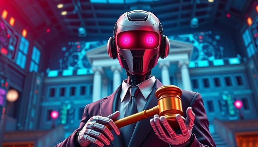 AI regulation concept with robot, gavel, and courthouse.