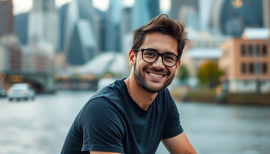 Casual adult male smiling outdoors with city backdrop