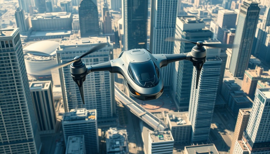 Futuristic eVTOL flying over cityscape in bright daylight.