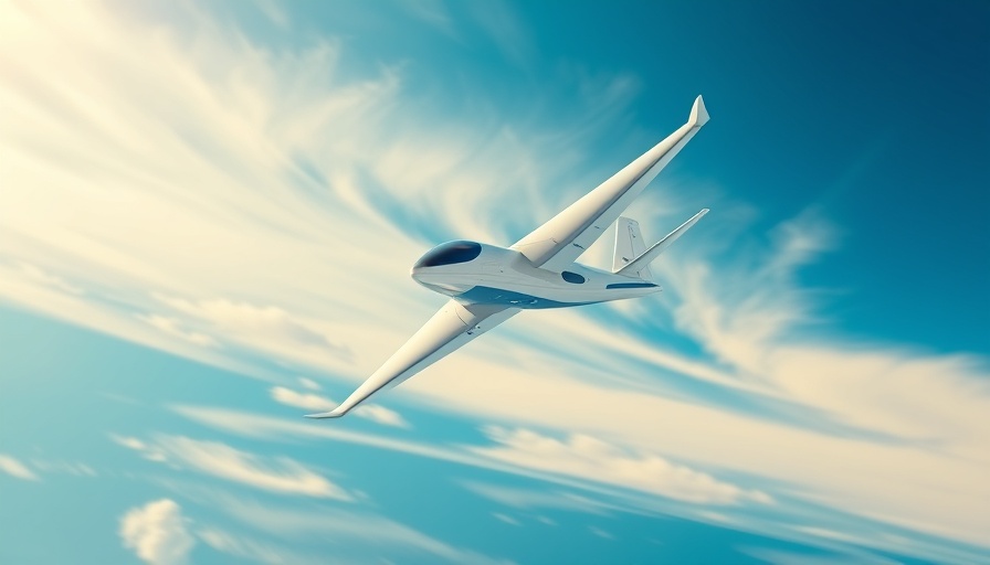 Electric airplane soaring in blue sky, showcasing innovation.