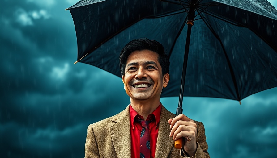 Person under umbrella in storm, illustrating weather insurance.