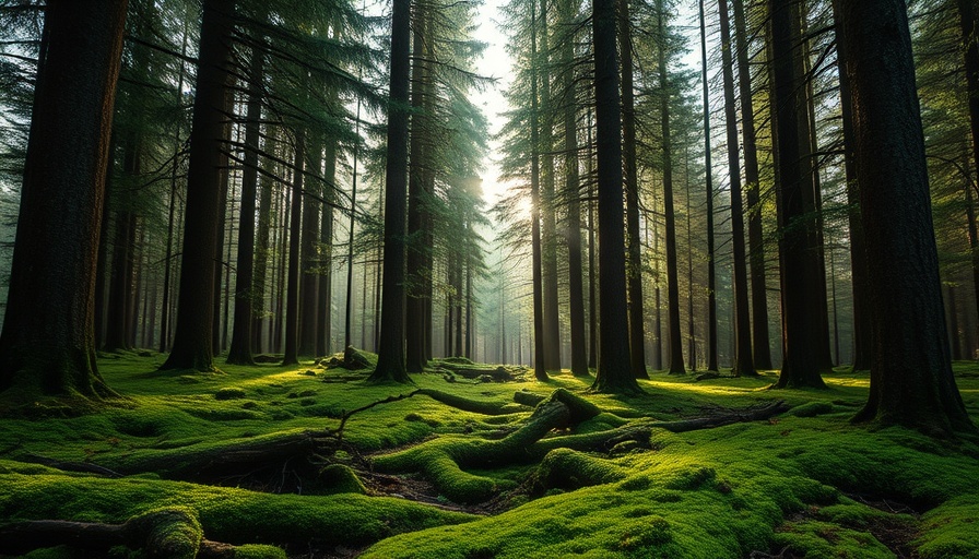 Tranquil evergreen forest with lush moss floor, natural light.