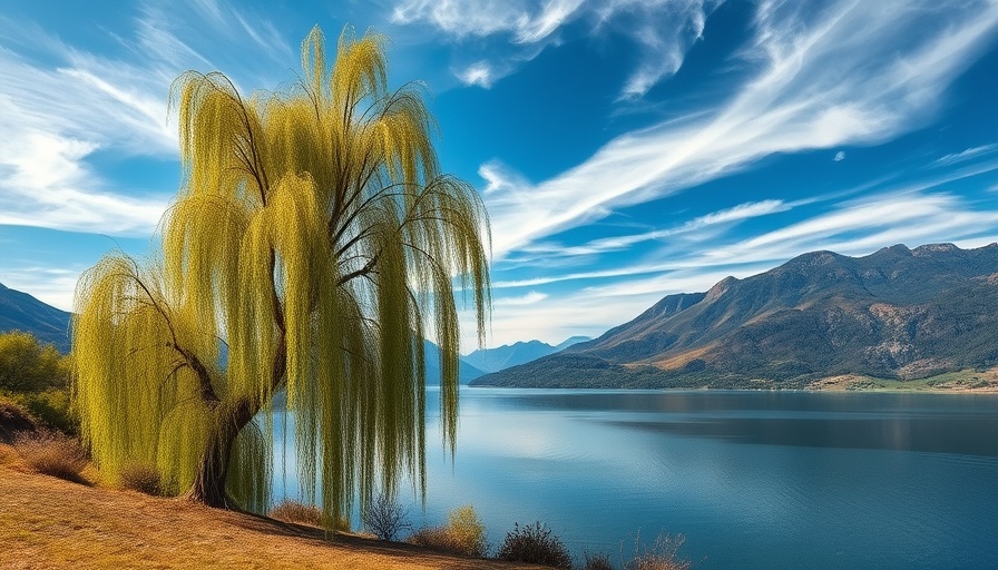 Scenic landscape with willow tree and lake, serene setting. Natural Language Processing