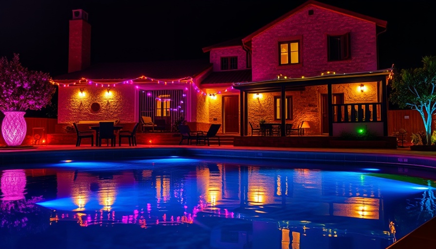 Vibrant LED lights reflecting in pool, creating a mystical night ambiance
