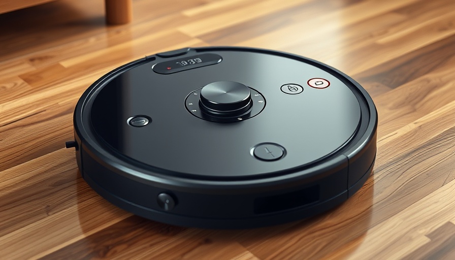Close-up of black robot vacuum cleaner on wooden floor.