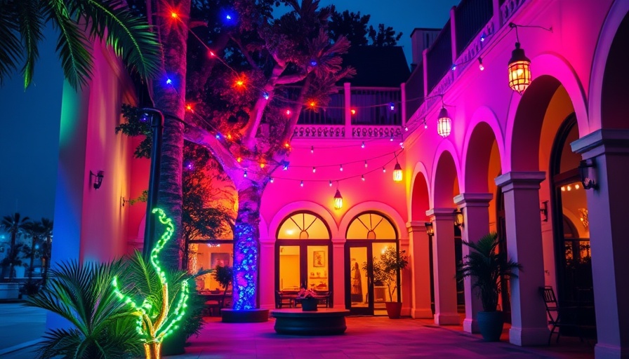 Glowing courtyard with multicolored lights, Black Friday deals.