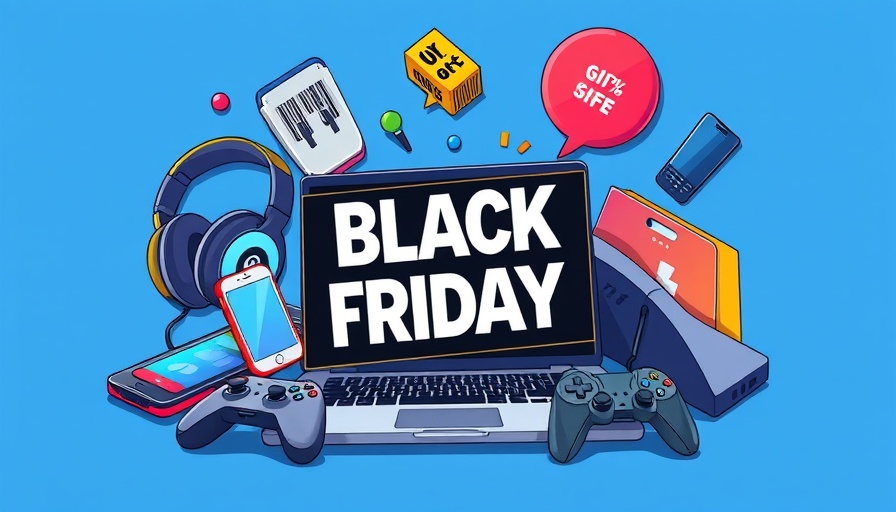Black Friday tech deals illustration with gadgets and discounts.