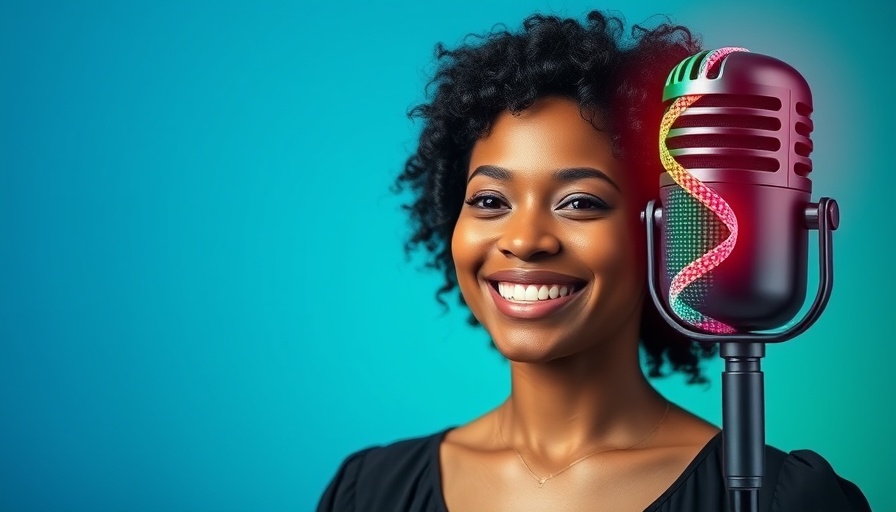 Cheerful woman with DNA microphone on abstract background representing DNA data storage.
