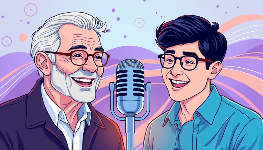 Podcast cover with abstract DNA data storage theme and smiling hosts.