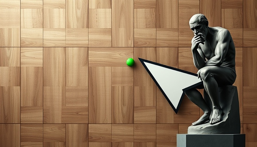 Conceptual art with thinker statue and pixelated cursor on a grid, nuclear technology theme.
