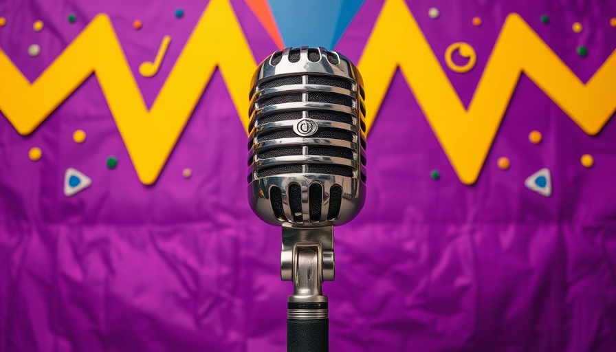 Vintage microphone with abstract art design on vibrant background.