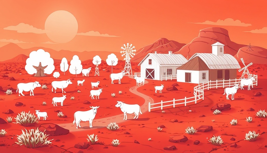 Whimsical cartoon farm on Martian landscape illustration.