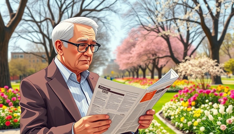 Older man reading newspaper in park, cartoon style, vibrant setting.