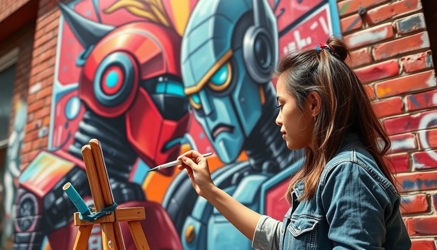 LLM creativity impact illustrated by woman painting robot mural.