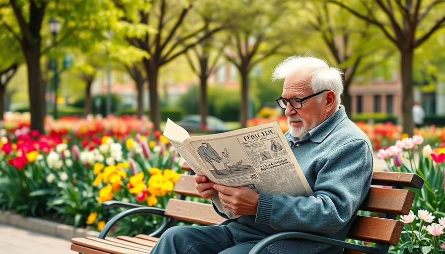 Elderly man reading newspaper in a colorful park, AI misinformation detection
