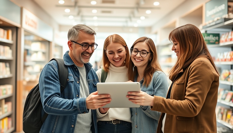 Group enjoying tablet in a European retail store setting