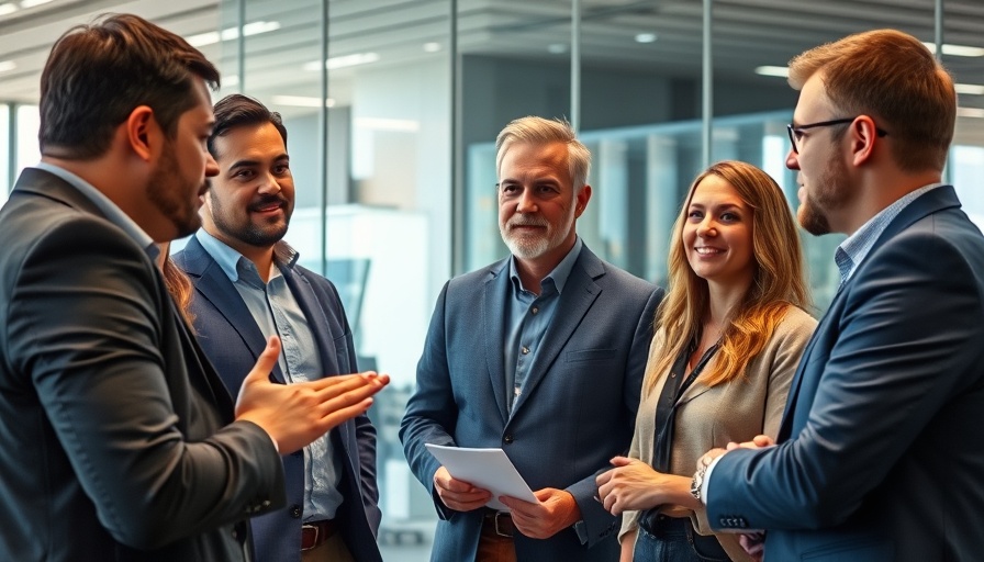 Professionals discussing mining project delivery in modern office.