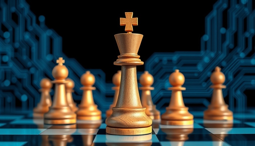 AI Chess: Chess piece merging with digital circuitry, half real, half virtual.