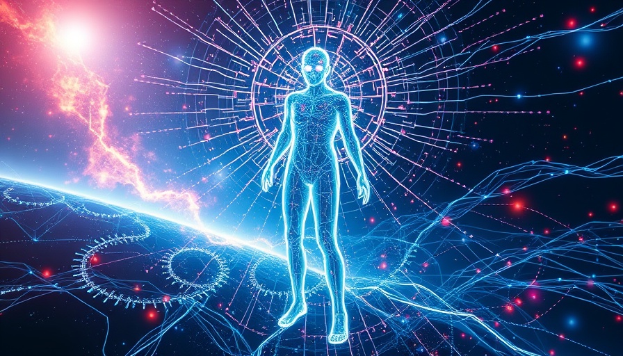 Ethereal digital AI figure amidst vibrant data streams, cosmic digital scenery.