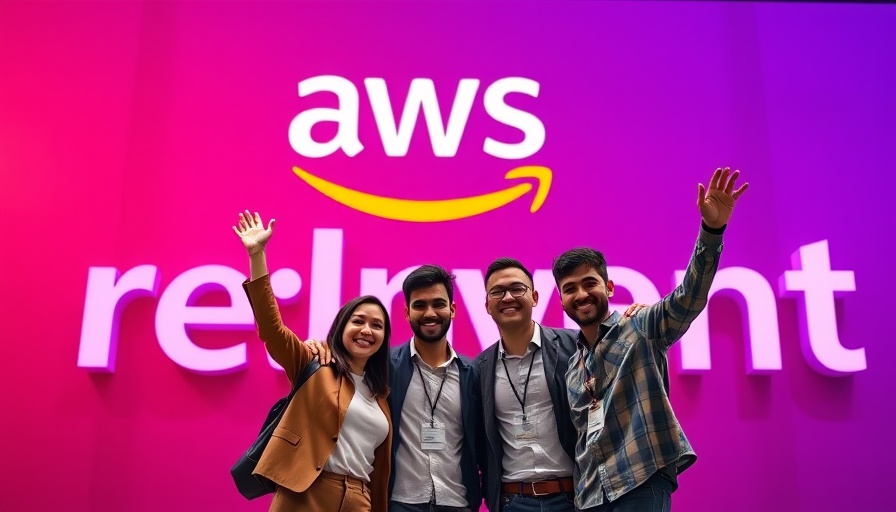 People posing by AWS re:Invent sign at tech event.