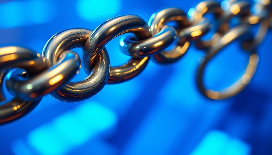 Close-up metallic chain link with blue filter, Live AI theme.