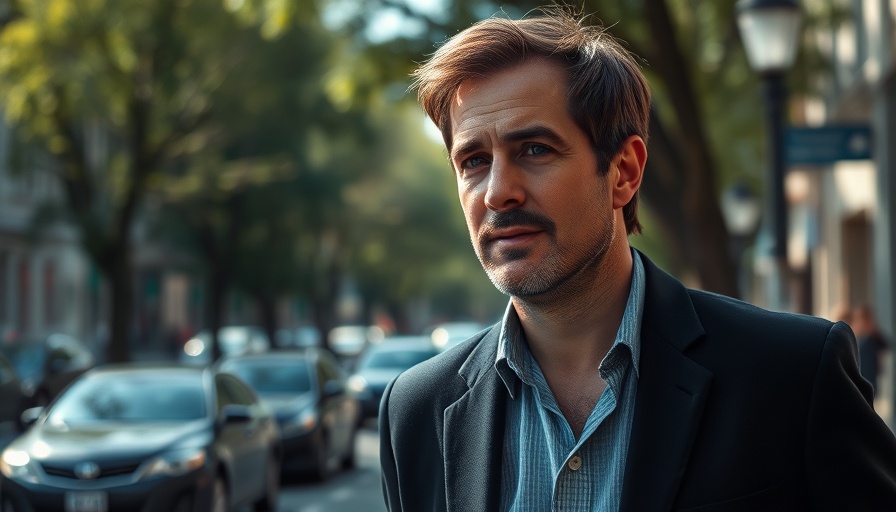 Man in black blazer outdoors, casual setting, photorealistic.