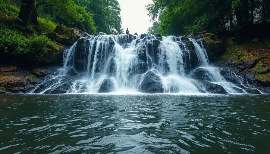 Serene waterfall in lush forest, cascading with natural beauty.