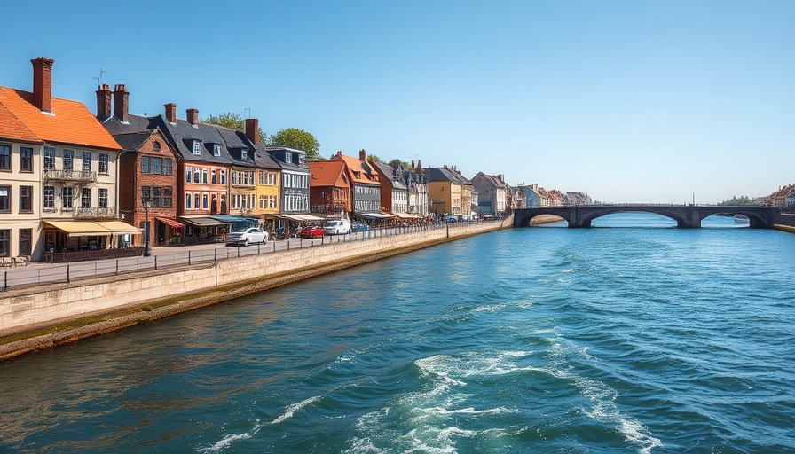 Scenic New England harbor with historic buildings and river view.