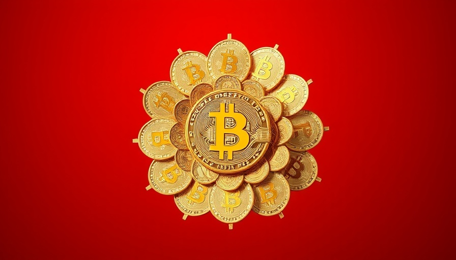 Golden Bitcoin coins in a flower pattern on a red backdrop.