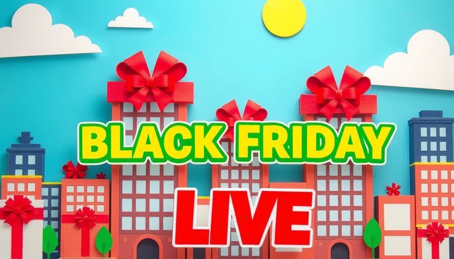 Colorful Black Friday trends cityscape with text and gift boxes.