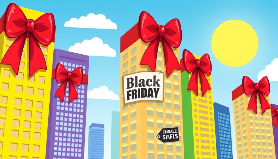 Colorful cartoon skyscrapers with bows for Black Friday deals.