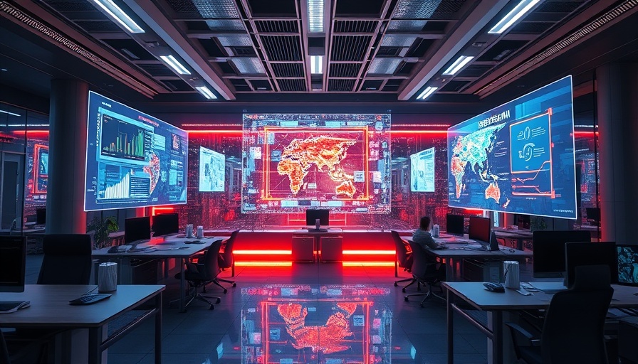 Futuristic office using Generative AI technology with holographic screens.