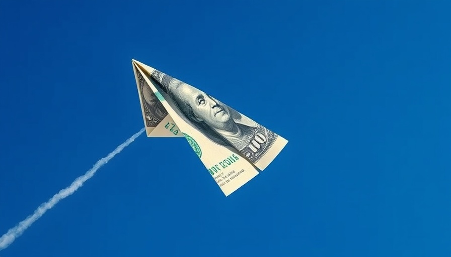 Physical AI concept with dollar bill airplane flying in blue sky.