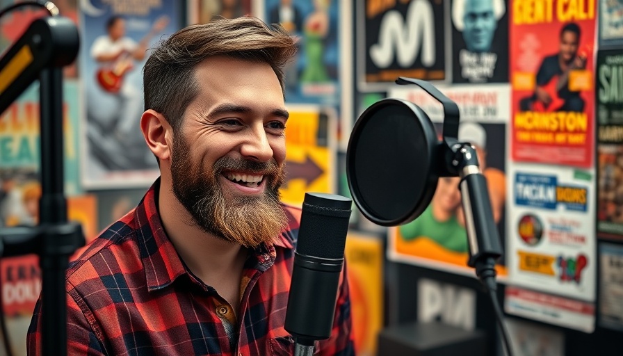 Man in home studio using audio technology with a black microphone